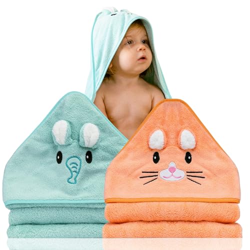 2 Unidades Toalla bebe - Regalo bebe recien nacido niño - Toallas bebe con capucha de animales 0-3 años - Albornoz bebe baño - Capa de baño bebe - Regalos para bebes recién nacidos (Verde / Naranja)