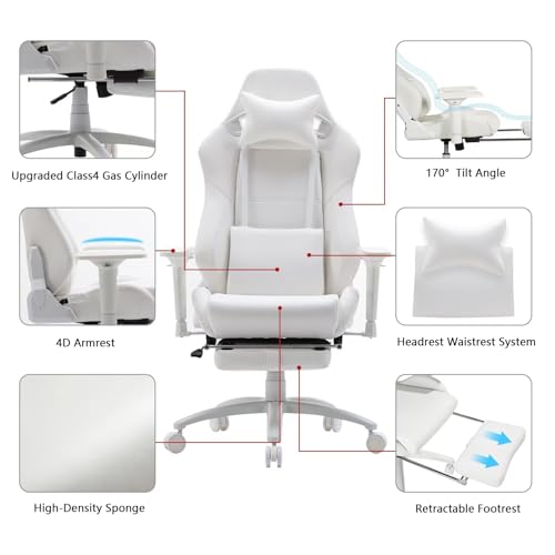 HOMRACER Gaming Chair for Office and Home, Footrest and Seat Height Adjustable Swivel Ergonomic Video Game Chair, Computer Chair with Headrest and Lumbar Support for Adults Big Man Women(White) - Image 4