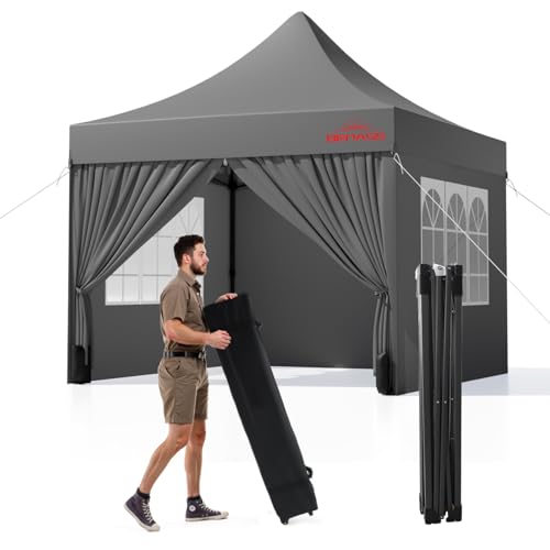 Benass 10x10 Heavy Duty Pop Up Canopy with 4 Sidewalls, 550D Commercial Easy Up Canopy Tent, Waterproof Outdoor Party Event Tent with Roller Bag, Grey