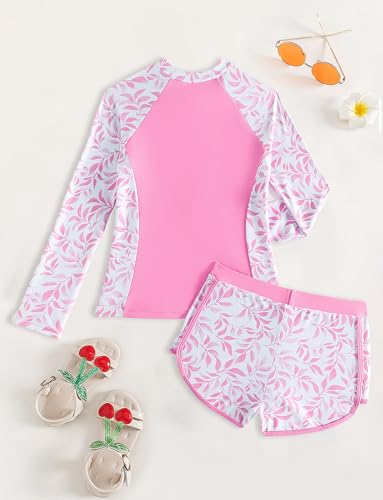 Image of Happy Cherry Girls Two Piece Rash Guard Swimsuit Floral UPF 50+ Swim Set Summer Beach Swimwear 8-12T