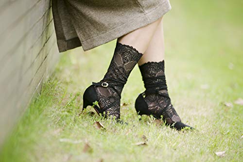 Image of Womens Lace Cotton Socks Transparent Mesh Ruffle Dress Calf Socks