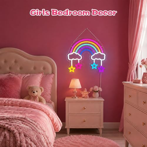 Image of Rainbow Star Neon Sign, Colorful LED Wall Light, USB Powered Dimmable Rainbow Sign for Girls Bedroom, Nursery, Playroom and Classroom Decor, Room Makeover Gift Idea, 17.3 x 13.4 Inches