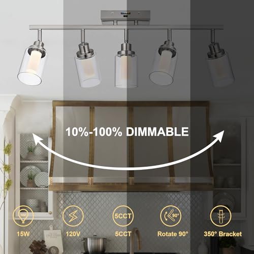 Image of 5-Color Temperature 5-Light LED Track Lighting Fixtures Ceiling, Brushed Nickel Spotlight Bathroom Wall Lamp with Integrated LED Chips & Clear Glass Shade & Frosted Column