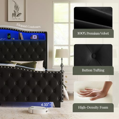 Image of Belffin King Size Bed Frame and Headboard, 50.9 inch Velvet Upholstered Wingback Bedframe with LED Lights & Storage /Charging Station, Button Tufted Tall Footboard, No Box Spring Needed, Noise-Free, Black