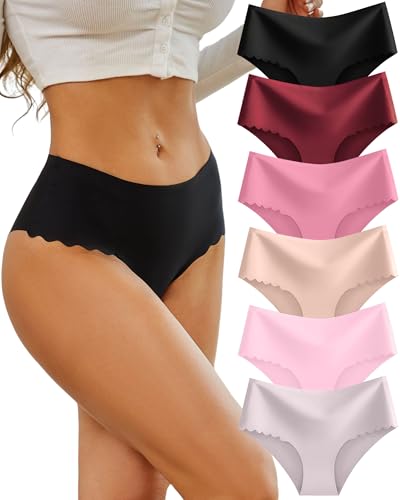 Image of Sth Big High Waisted Seamless Underwear for Women No Show Panties Cheeky Scalloped Edge Bikini Breathable Briefs 6 Pack