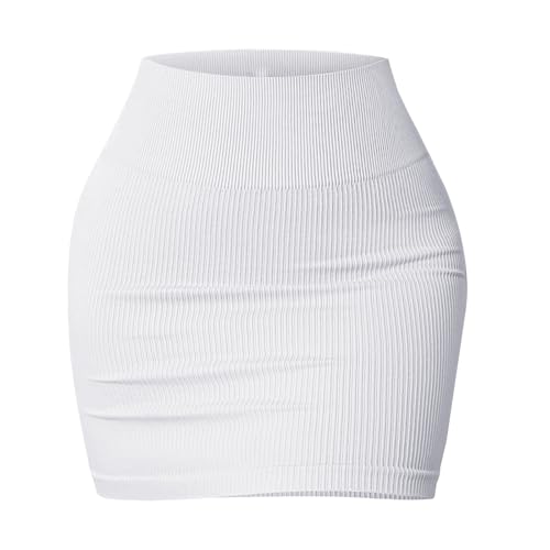 ZYHARUKO Falda corta casual de punto acanalado para mujer, cintura alta, elástica, entallada, de punto acanalado, blanco, M