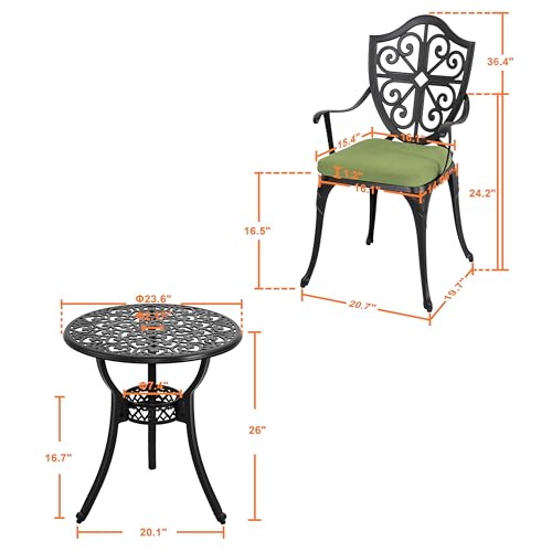 Image of NUU GARDEN Outdoor 3-Piece Bistro Set with Cushions, Round 24 Inch Cast Aluminum Bistro Table with 2.17 inch Umbrella Hole, 2 Cast Aluminum Bistro Chairs, for Patio, Garden and Balcony, Black
