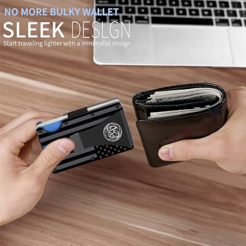 Black & Gray American Flag Engraved, Minimalist Wallet, RFID Blocking Aluminum Slim Wallet With Money Strap (Blue Line with Money Clip)3