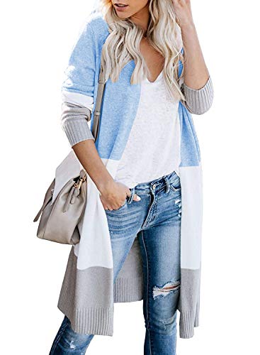 CARDYDONY Women's Boho Color Block Lightweight Kimono Duster Cardigans Blue XL