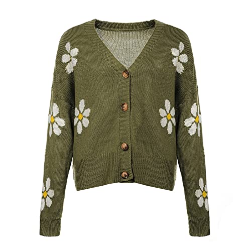 Womens Knit Sweater Cardigans Slouchy Cute Flower Graphic Daisy Button Down Knitted Sweater Coat3