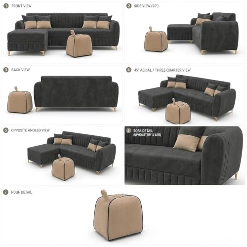Image of CASASTYLE Signature Velour 4-Seater L-Shape Sofa Set with Movable Ottoman & Suri Pouf | Flexible LHS /RHS Layout | Boston Fabric | 40D Foam + Zigzag Spring | 3-Yr Warranty (Ash Grey, Sand Beige)