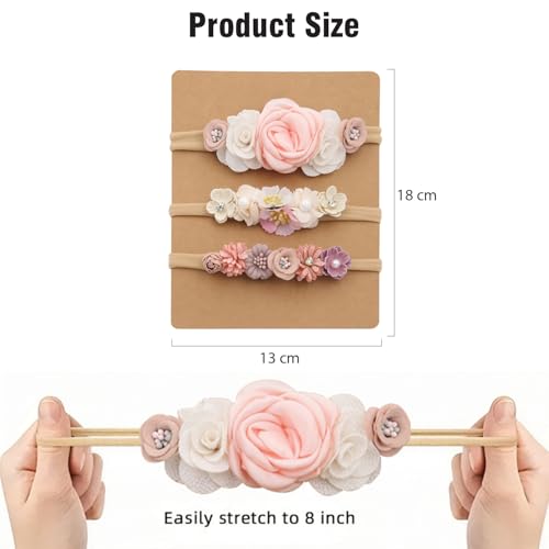 Image of SYGA 3 Pack Baby Girl Floral Headbands - Soft Stretchable Nylon Flower Comfortable Elastic Hairbands for Newborns, Infants & Toddlers 0-3 Years (Design-3)