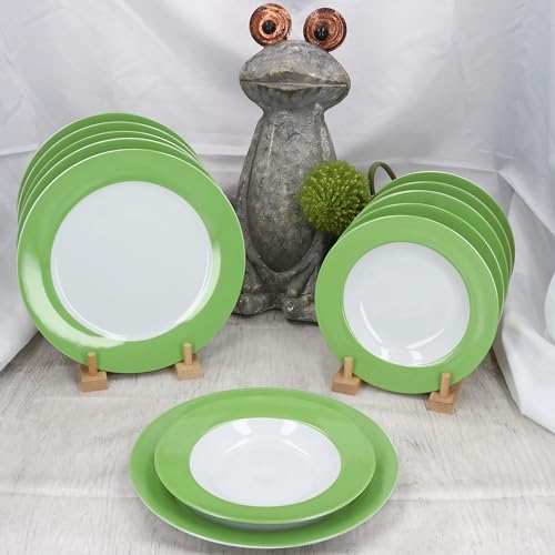 MamboCat Variant Grün 12tlg Tafelservice I farbiges Porzellan-Geschirr für 6 Personen I Bunte 6X Suppenteller & 6X Speiseteller I Essteller & Tiefe Teller für Frühstück, Mittag & Abendbrot