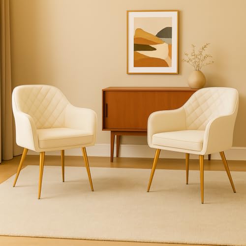 Image of Barfi Velvet Dining Chair | Premium Modern Upholstered Accent Chair with Armrest, Padded Seat and Metal Legs | Comfy Chair for Home, Office & Restaurents (2, Ovary White)