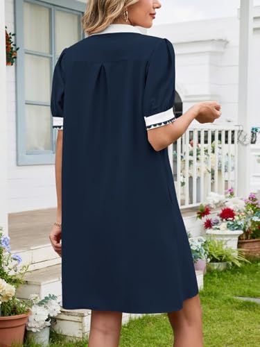 Image of Wkior Women's Summer Trim V Neck Mini Dresses with Pockets (S-XL) | Puff Short Sleeve, Trim Collar, Breathable Fabric, Lightweight Summer Clothes for Daily Wear, Sunset Beach Party