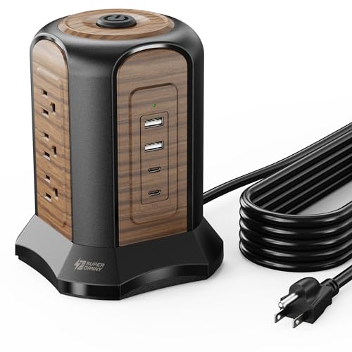 SUPERDANNY Power Strip Tower Surge Protector, 10 Ft Extension Cord with Multiple Outlets, 9 Outlets, 4 USB Ports (2 USB C), 1080 Joules, 3-Prong, Grounded, Charging Station for Home, Office, Brown