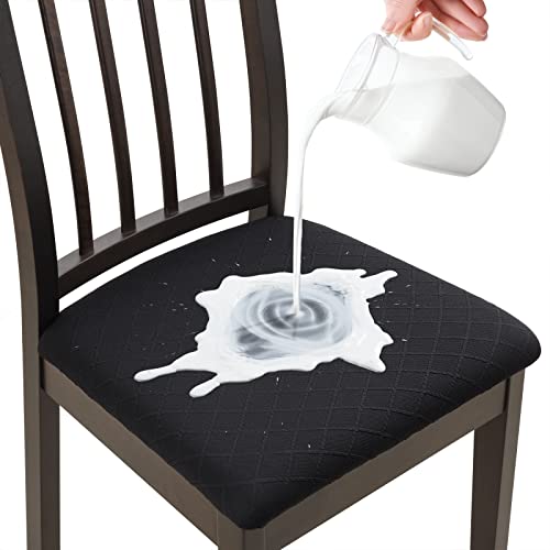 Image of YISUN Chair Seat Covers Set of 6, Waterproof Dining Room Chair Covers, Stretch Jacquard Removable Washable Kitchen Chair Seat Protector Slipcovers (6, Waterproof-Black)