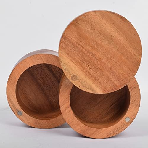 Samhita 2-Tier Acacia Wood Round Salt & Spice Box with Magnetic Swivel Lids Elegant Storage Keeper for Condiments, Seasoning, Pepper