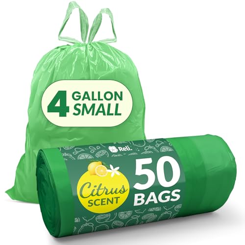 Reli. 4 Gallon Trash Bags Drawstring (50 Count) | Citrus Scented Small Trash Bags | Garbage Liners for Bathroom Can | 2 Gal - 3 Gallon - 4 Gal Small Can Liners (Green)