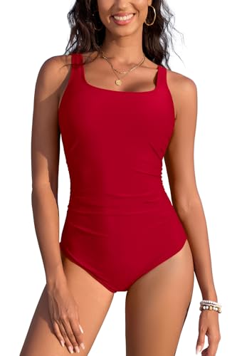 Image of SHEKINI Women's Underwire Swimming Costume One Piece Swimsuit Red