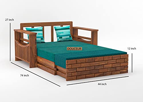 Image of Douceur Furnitures Solid Sheesham Wood Wooden Frame Two 2 Seater Sofa Cum Bed for Living Room,Hotels,Apartment & Hall | Finish:-Natural Teak | Cushion:-Teal-Green