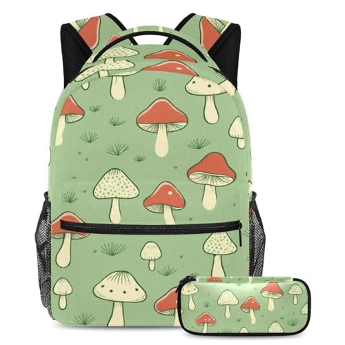 Sac d'école champignon vert lot de 2 avec trousse pour élèves et ados