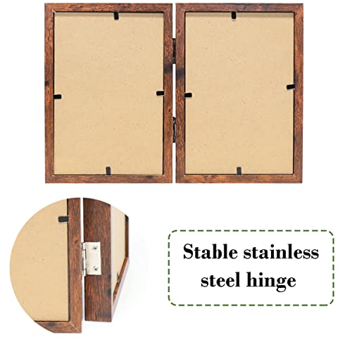 5X7 Double Picture Frame Rustic Brown Wooden Hinged Beveled Photo Frame Definition Glass 2 Vertical Openings Stand On Desktop Tabletop #TOP3