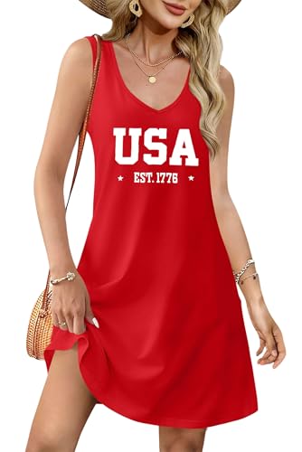 Image of LHBNK 4th of July Dress for Women: American Flag Tank Dresses Star Striped Splicing Loose V Neck Sundresses