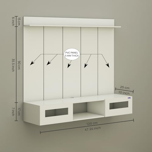 Image of Anikaa Orilo Wall Mounted PVC Back Panel TV Unit with Spot & Blue Ambient LED Light - Acrylic Storage Box, Display Shelf & Soft-Close Hinges | Ideal for UP to 50 Inch TV (White - DIY Installation)