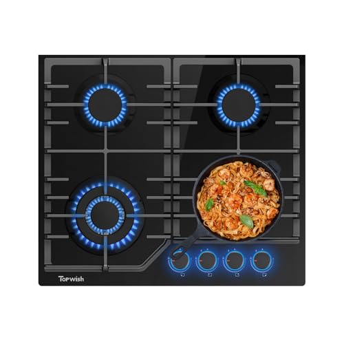 TOPWISH Piano cottura a gas da 60 cm, 4 punti luce, piano cottura a gas con manopola illuminata blu, piano cottura in vetro temperato, NG/LPG convertibile, protezione automatica della termocoppia