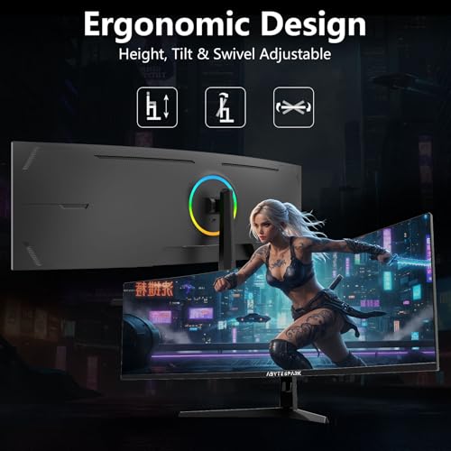 Image of 49 Inch Curved Ultra Wide Gaming Monitor, 5K (5210x1440P), 144Hz /165Hz 1500R, 32:9 127% sRGB, FreeSync, Height Adjustable Screen Monitor, HDMI 2.1 And DP 1.4, Supports Wall Mounted Installation