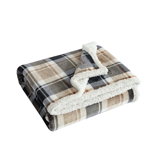 Image of Eddie Bauer - Throw Blanket, Brushed Fleece & Plush Sherpa Bedding, Blanket for Couch & Bed (Rugged Plaid Beige, 50 inch x 60 inch)