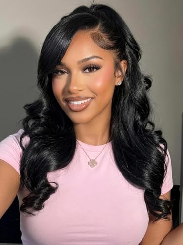 Image of KLAIYI Bye Bye Slip Loose Body Wave Wig Layer Side Part 200% Density 7X5 Pre Cut Lace Front Wigs Human Hair Drawstring Glueless 30S Ready to Wear and Go Beginner Wig Pre Plucked Bleached Knots 16Inch