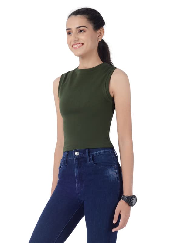 JASNIT Basic Solid Plain Tank Top Gym Yoga Sports Activewear Crop Top for Women & Girls 95% Cotton 5% Lycra (Size XS S M L XL 2XL 3XL 4XL) Military Green 1
