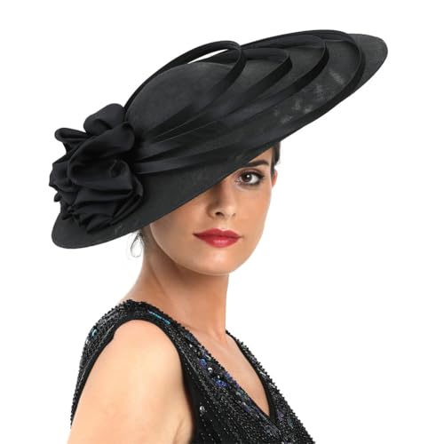 Generic Chapeau bibi noir à grande fleur Sinamay pour église, cocktail, thé, mariage, bandeau, Noir , taille unique