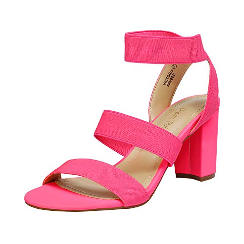 DREAM PAIRS Women's Open Toe High Chunky Elastic Strap Dress Heel Sandals 5 Neon/Pink
