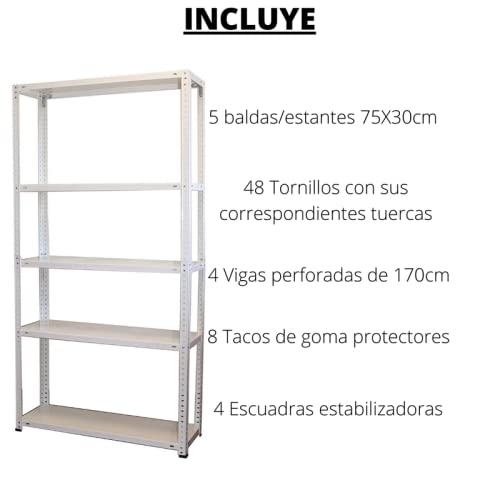 Estantería Metálica Modular Blanca 5 Baldas 170x75x30 cm, Capacidad 250 kg, Estantería de Almacenaje para Garaje, Trastero, Taller, Almacén, Despensa y Oficina