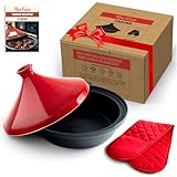Uno Casa Cast Iron Tagine Pot Moroccan for Cooking - 3.65 Quart Tajine Pot Moroccan with Enameled Cast Iron Base and Ceramic Lid, Finest Cookware - Tangine Pot Red Double Oven Mitts Included