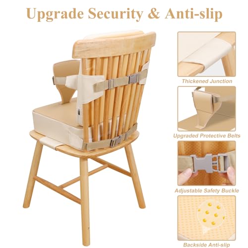 Image of Toddler Booster Seat for Dining Table, Non-Slip Kitchen Chair Booster Seat with Backrest and Adjustable Straps, Portable PU Waterproof Travel Baby Booster Increasing Cushion