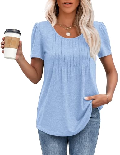 MOLERANI T Shirts for Women UK Round Neck Loose Casual Puff Short Sleeve Summer Tee Tops Front Pleated T Shirt Sky Blue L