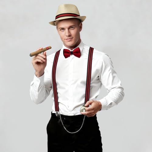 Image of BABEYOND 1920s Mens Gatsby Gangster Accessories Set Panama Hat Suspender Bow Tie