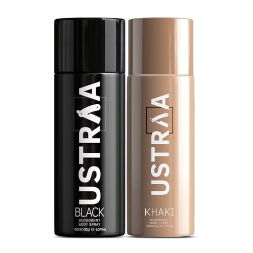 Ustraa Deodorant Black & Khaki Body Spray Set – 150ml Each, Intense Long-Lasting Aroma, Freshness Boost, Odour Control, Aloe Comfort, Skin-Friendly (Pack of 2)