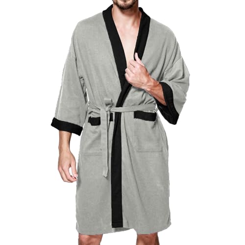Men's Summer Robe Bath Pjs Cotton V Neck Spring Comfy Trendy Oversized Loose Wrap House Bathrobe