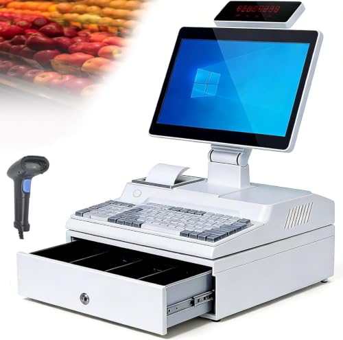 LjlXanthiper Touch Screen Cash Register,14 Inch All in One Cash Register,Pos Cash Register,Built-in Receipt Printer and Cash Drawer,4 Gb Ram,64 Gb Ssd,for Retail Restaurant Supermarket White