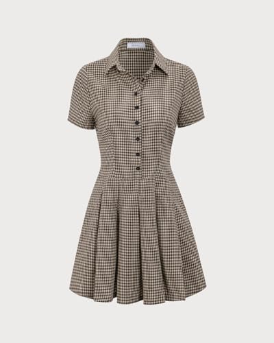 Women's Short Sleeves Brown Buttom Up Plaid Lapel Pleated Work Office Fit and Flare Mini Dress4