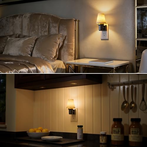 Image of Briignite LED Night Lights Plug into Wall, 2 Pack Linen Fabric Round Platform Decorative Night Light, Dusk to Dawn Sensor,0-100LM Dimmable Vintage Lamp Nightlight for Bedroom Living Room Hallway