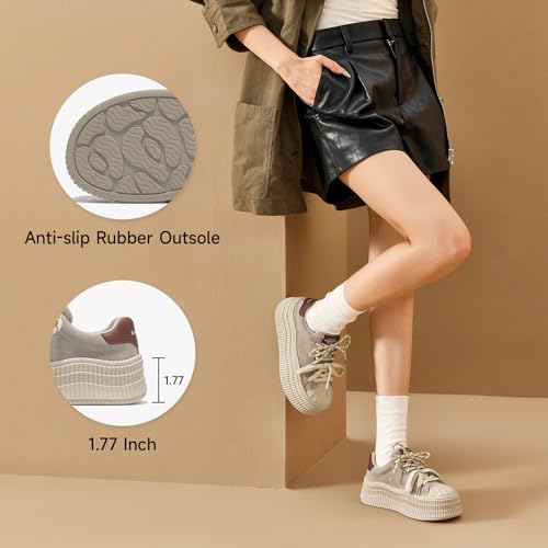 BEAU TODAY Platform Suede Sneakers for Women, Fashion Chunky Sneakers Women, Leather Tennis Ladies Shoes Comfortable, Retro Cute Lace-up Tennis Runnig Trainer Walking Shoes3