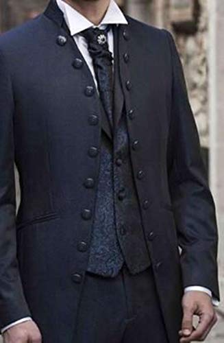 QZI Men's Suit Decorative Botton Stand Collar Long Coat Three-Piece Set2