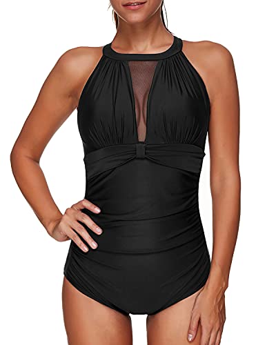 Image of Tempt Me Women One Piece Swimsuit Black High Neck Plunge Ruched Tummy Control Bathing Suit 0X
