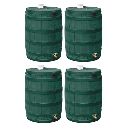 Image of Good Ideas Rain Wizard Water Storage Premium Quality Collection Barrel with Brass Spigot, Safety Screen, and 50 Gallon Capacity, Green (4 Pack)